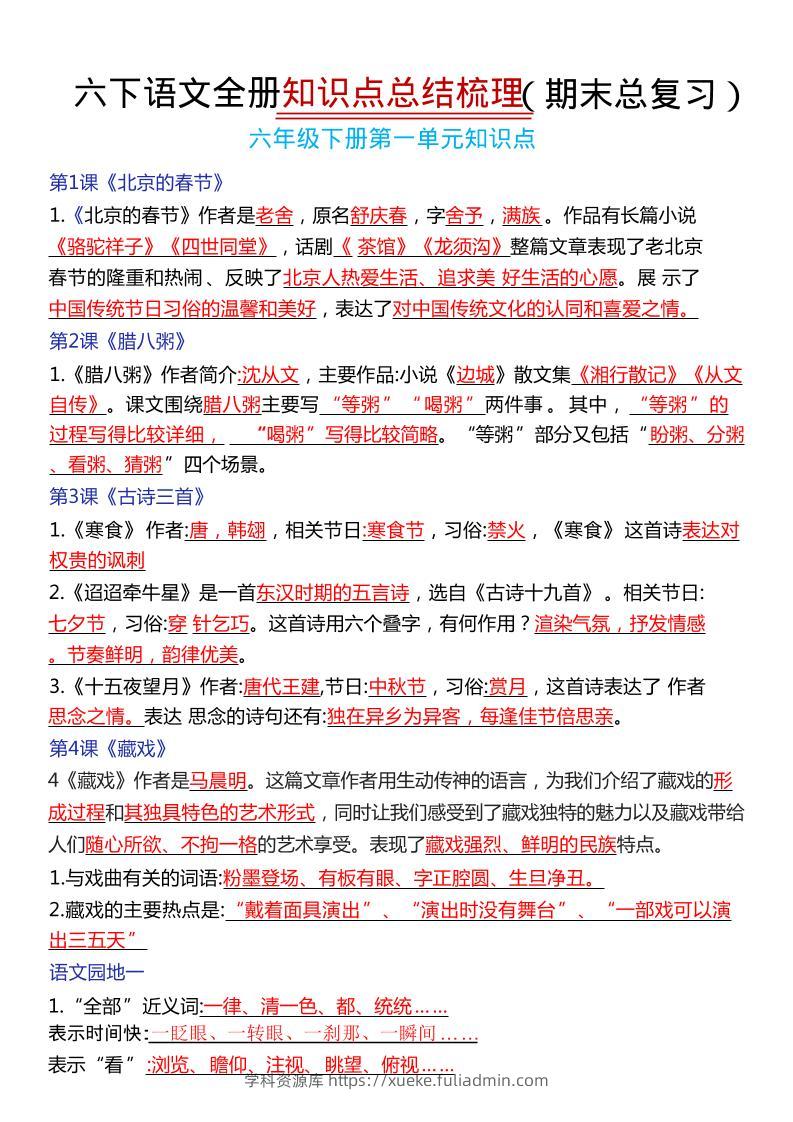 六年级下语文期末复习常考知识点总结-学科资源库
