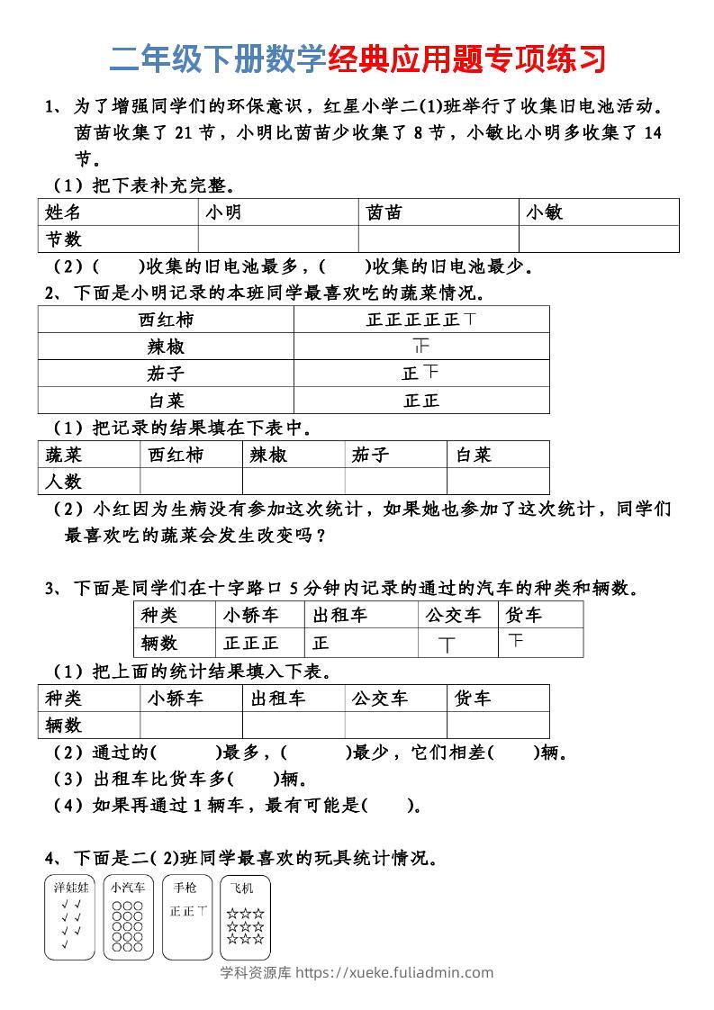 二年级下数学经典应用题专项练习-学科资源库