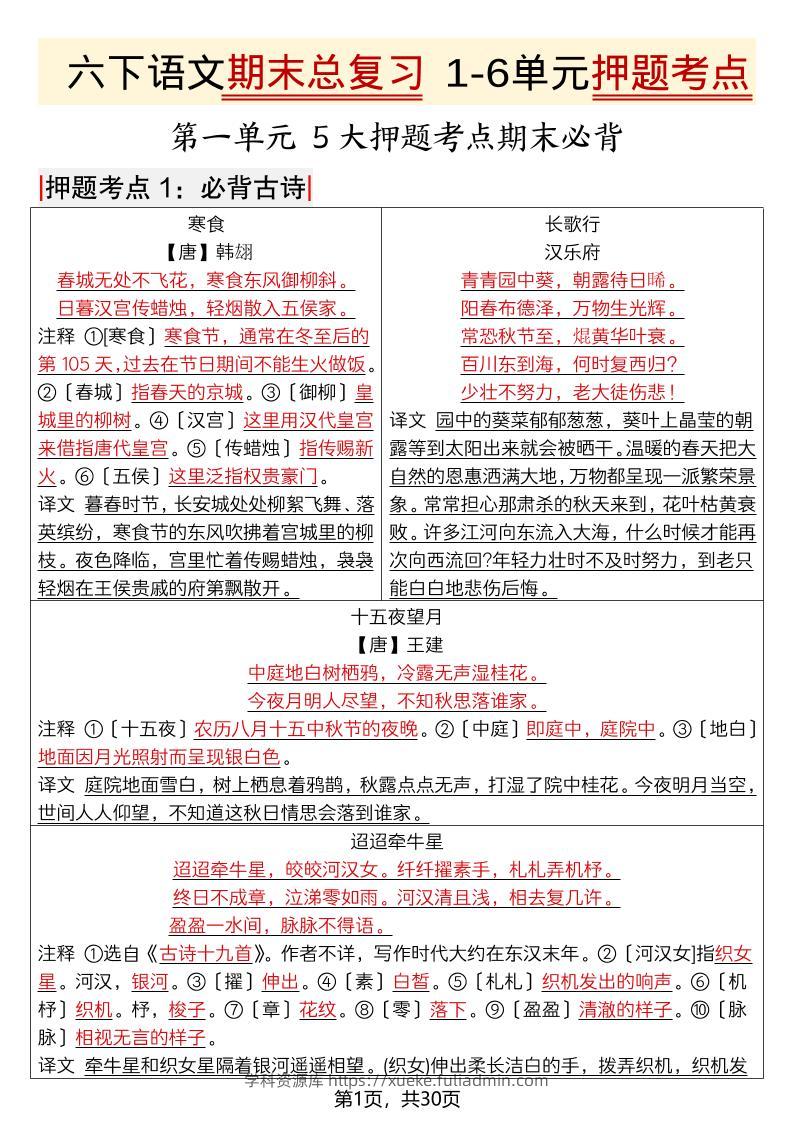 六年级下语文期末总复习1-6单元押题考点-学科资源库