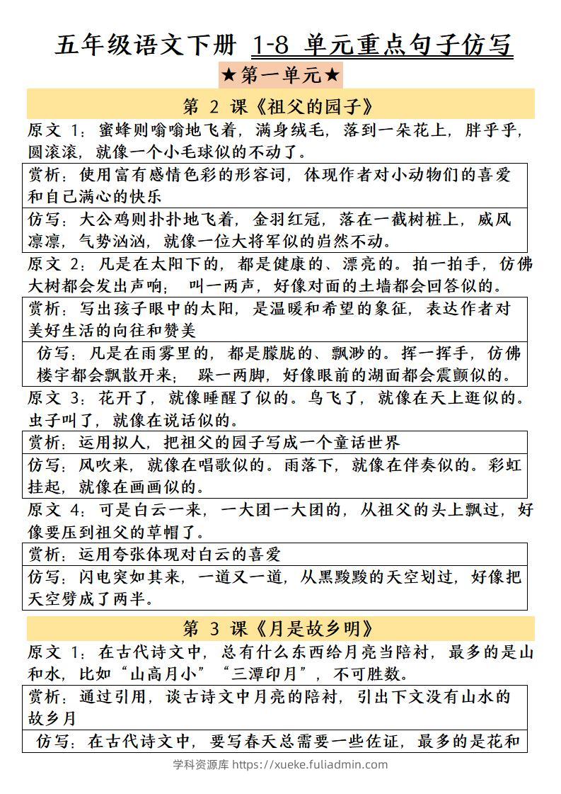 五年级下语文1-8单元重点句子仿写-学科资源库