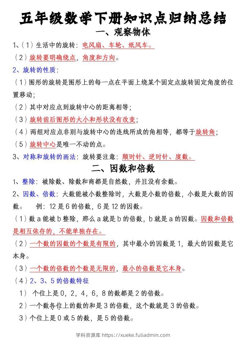 五年级下数学知识点归纳总结（通用版）-学科资源库
