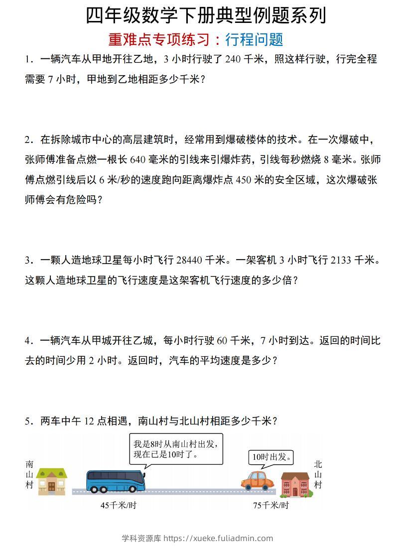 四年级下数学重难点专项：行程问题-学科资源库