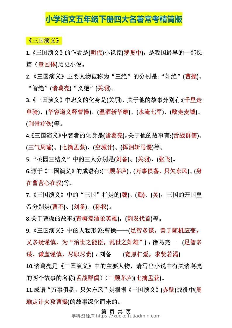 五年级下语文四大名著常考知识点精简版-学科资源库