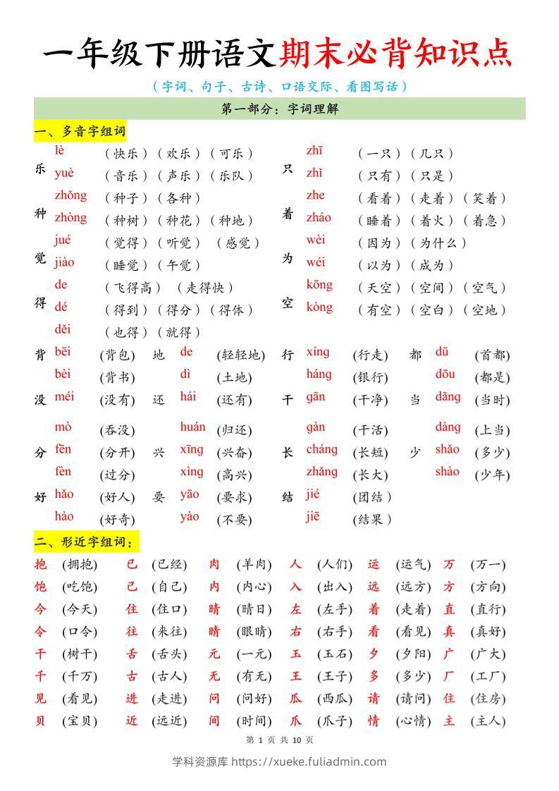 26春一年级下语文期末必背知识点-学科资源库