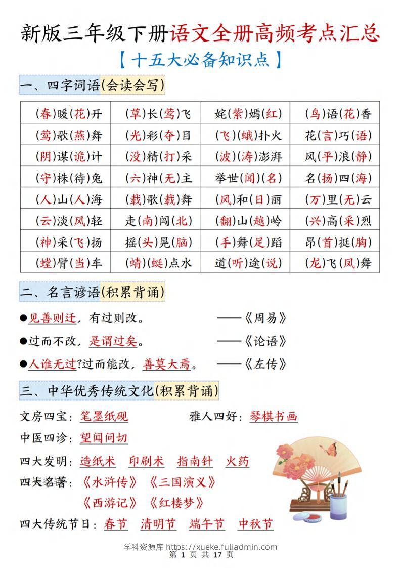 三年级下语文期末复习高频考点汇总（十五大必备知识点）-学科资源库