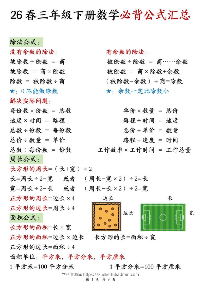 26春三年级下数学期末必背公式汇总-学科资源库
