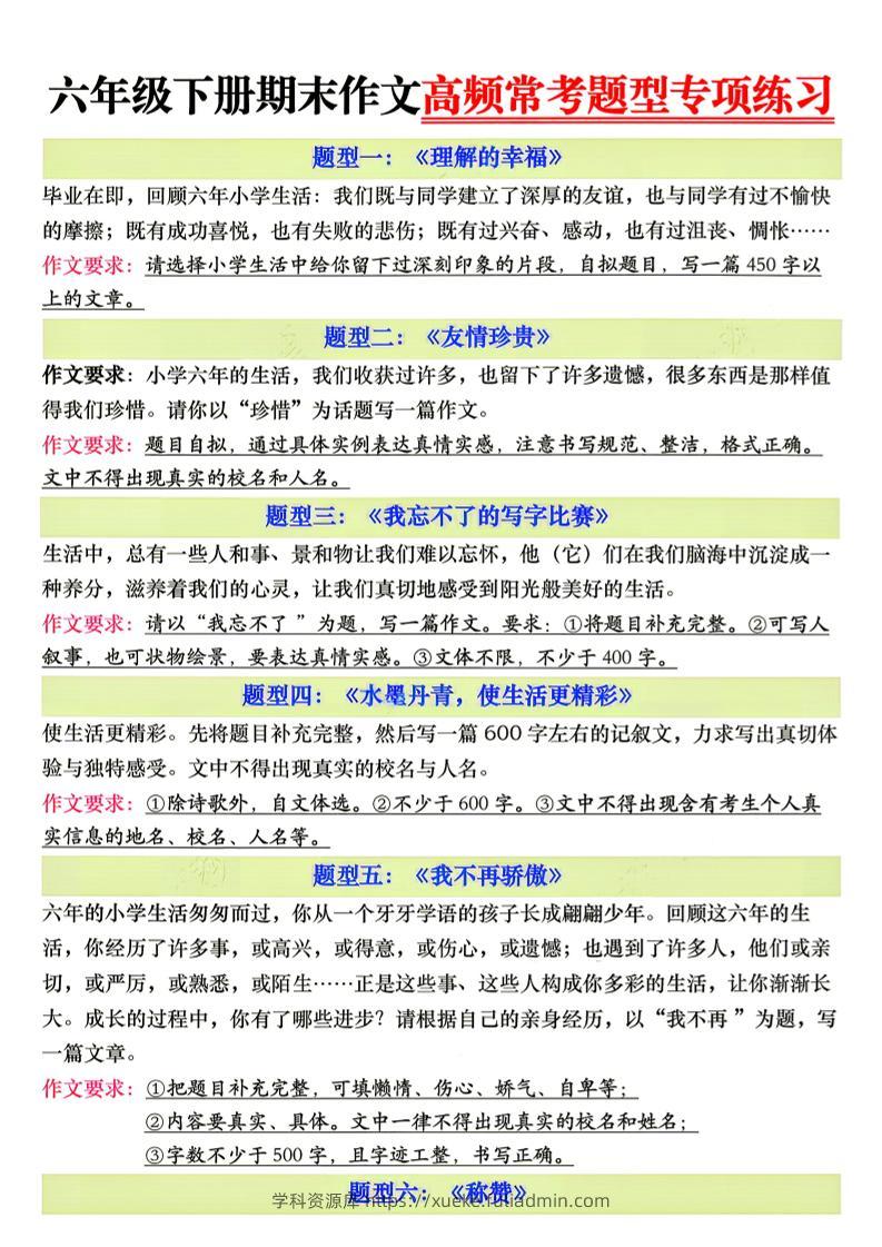 26新六年级下册语文期末作文高频常考题型专项练习-学科资源库