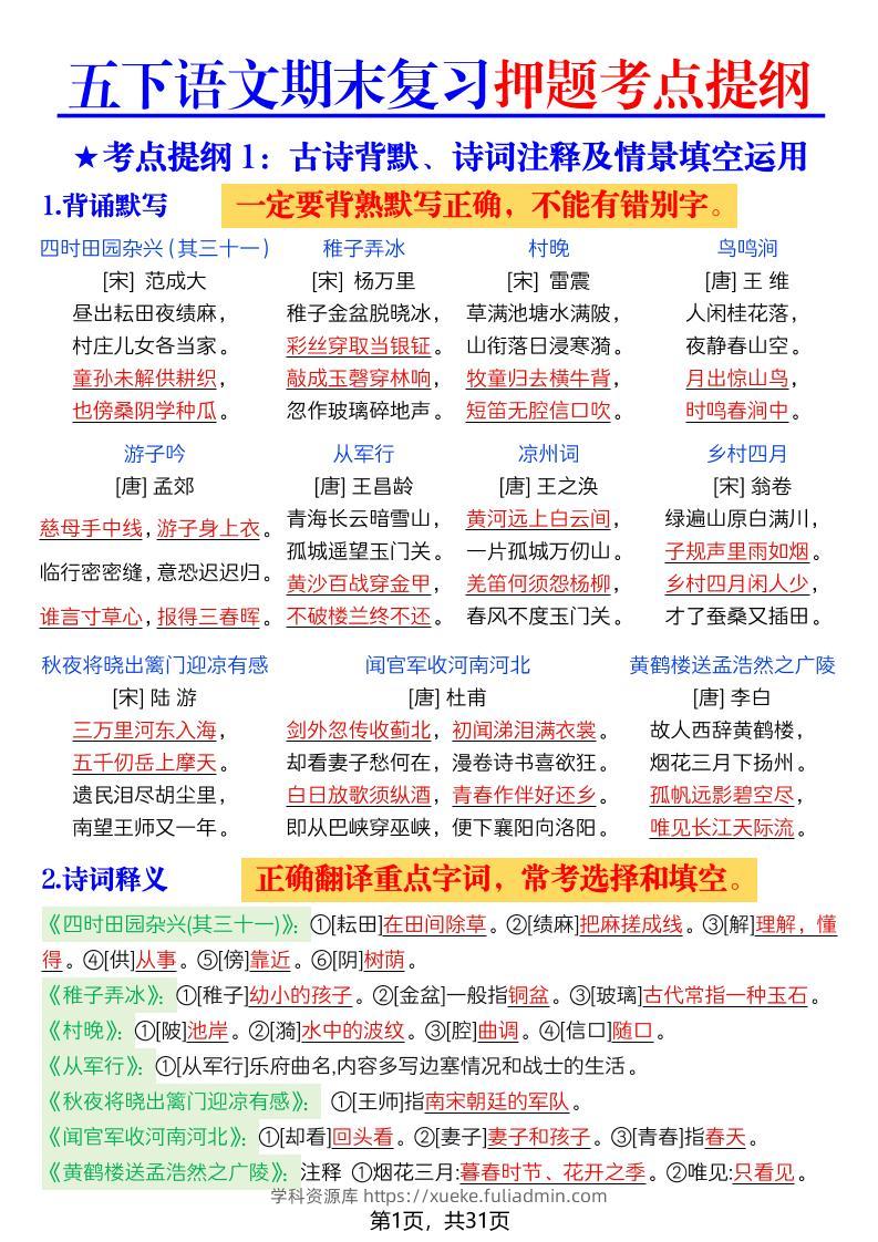 26春五年级下语文期末复习押题考点提纲-学科资源库