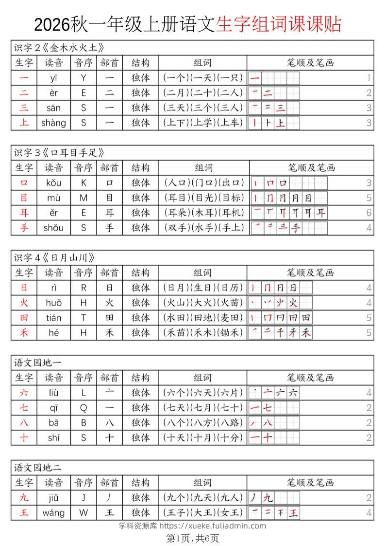 2026秋一年级上语文暑假预习《生字组词课课贴》-学科资源库