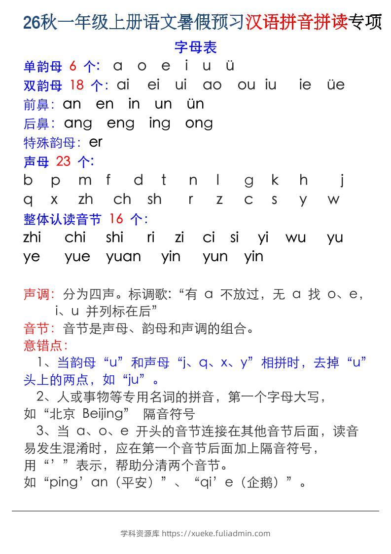 26秋一年级上册语文暑假预习汉语拼音拼读专项-学科资源库