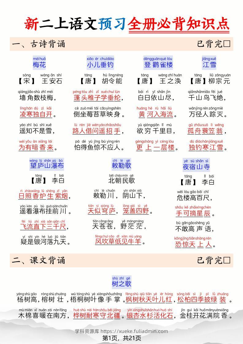 26新二上语文暑假预习全册必背知识点21页-学科资源库