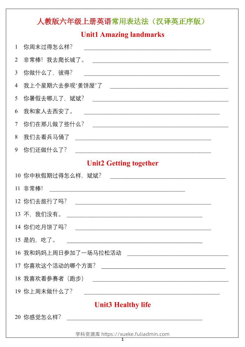六年级上册英语常用表达法（汉译英）正序版＋乱序版-学科资源库