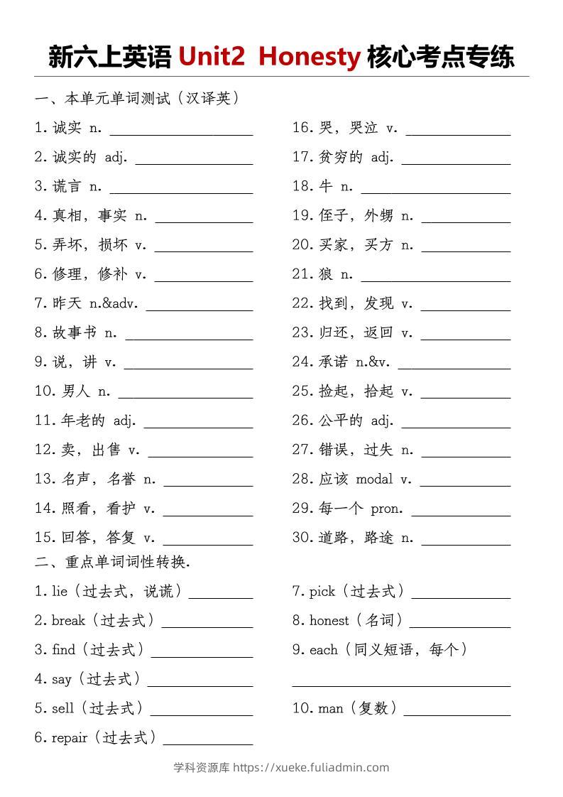 译林版《新六上英语Unit2Honesty核心考点专练》-学科资源库