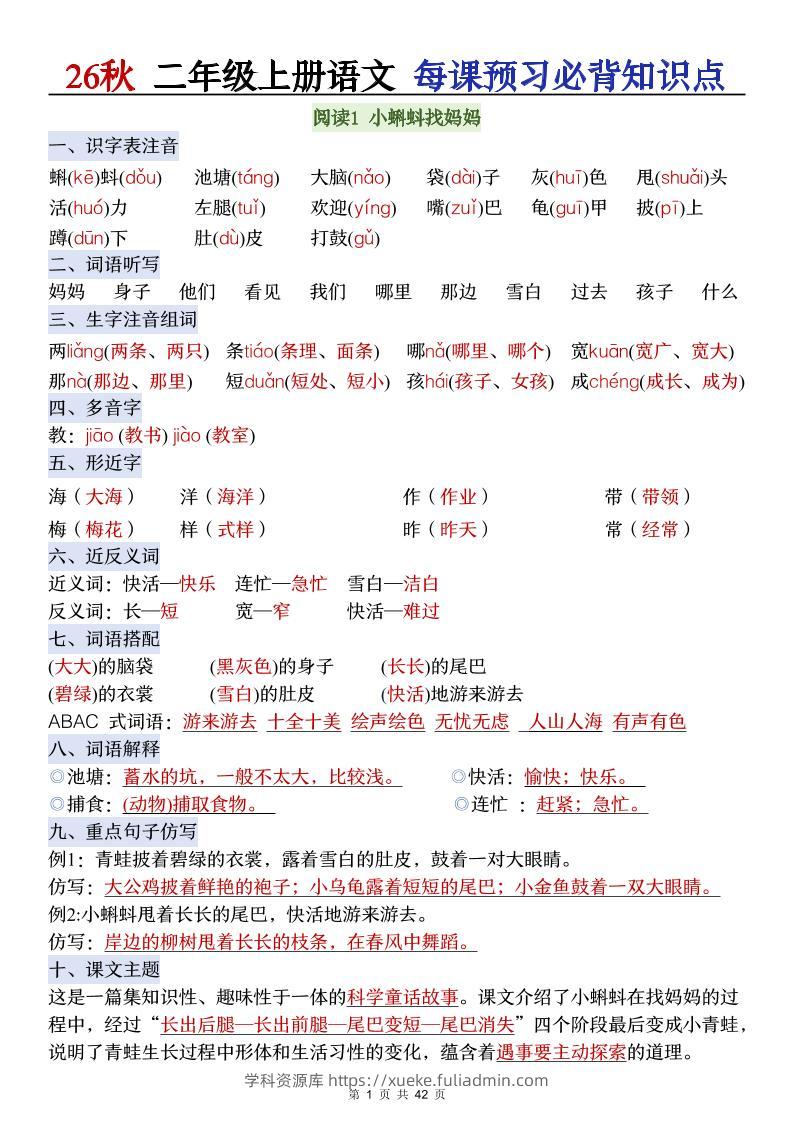 26秋二上语文每课预习必背知识点-学科资源库