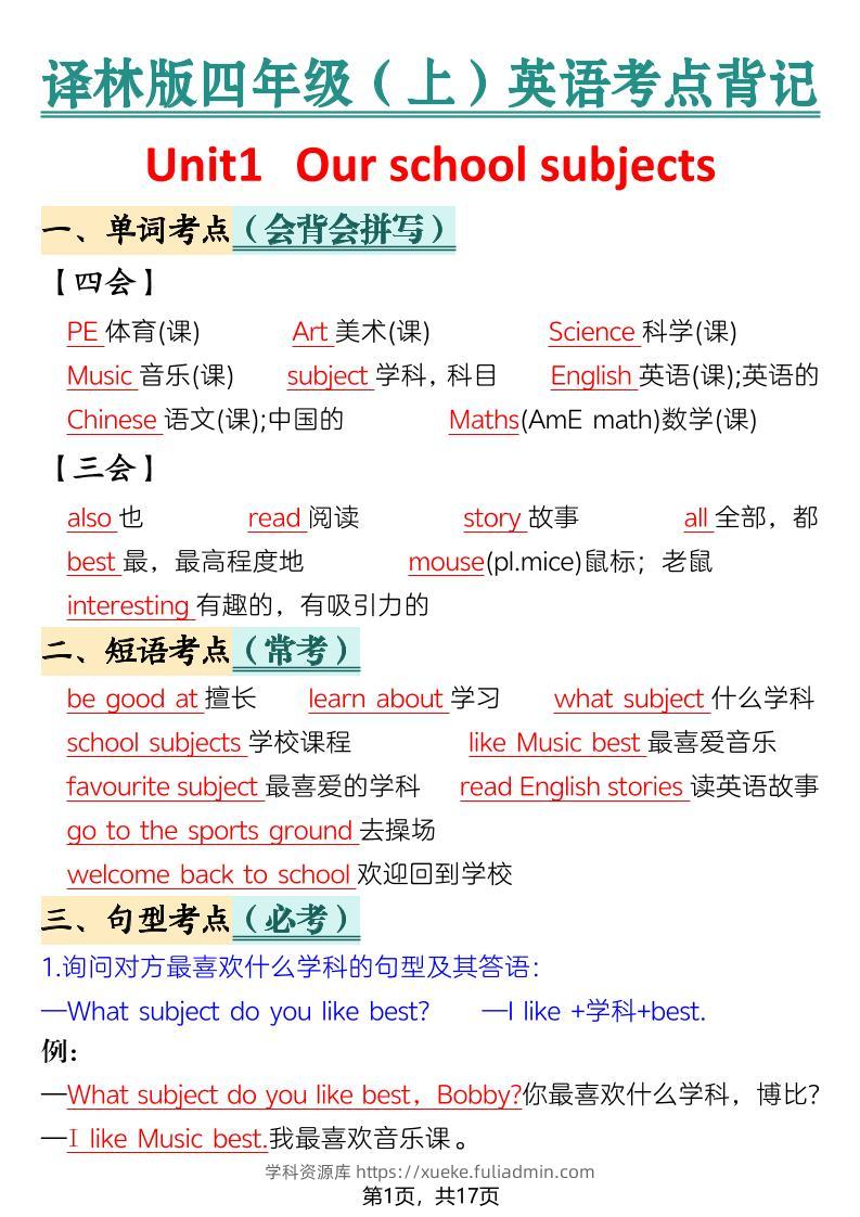 新四年级上册英语译林版考点背记-学科资源库