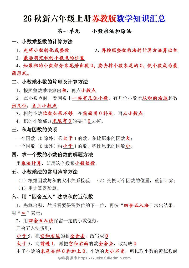 26秋新六上苏教版数学知识汇总_-学科资源库