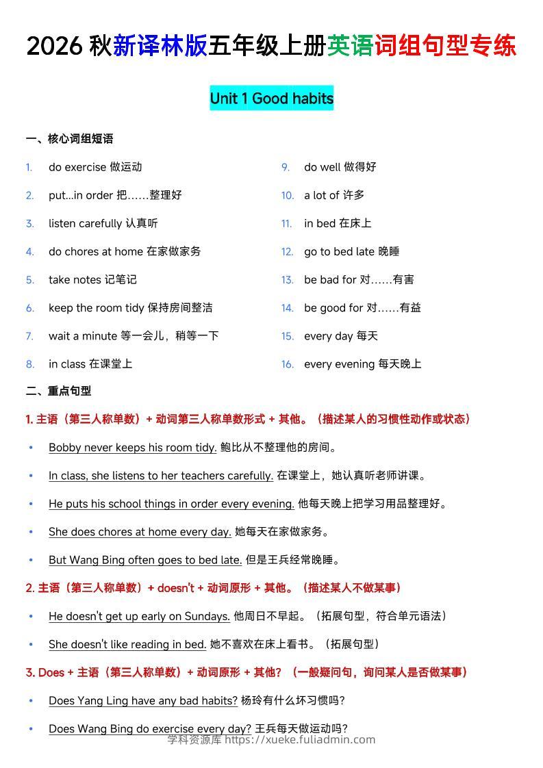 新译林版五年级上册英语U1-U8词组句型专项训练-学科资源库