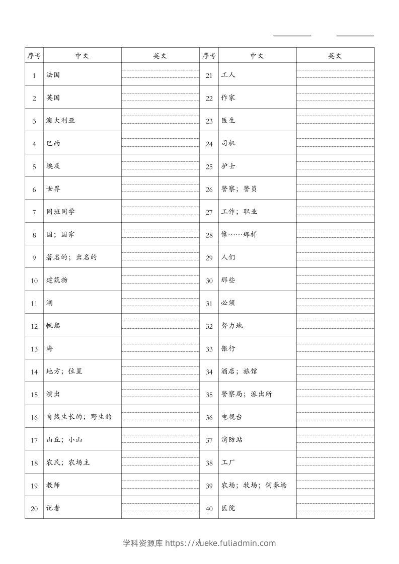 26秋五上英语人教精通版单词默写-学科资源库