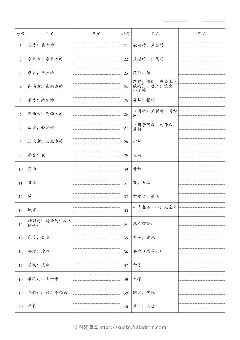26秋六上英语人教精通版单词默写-学科资源库