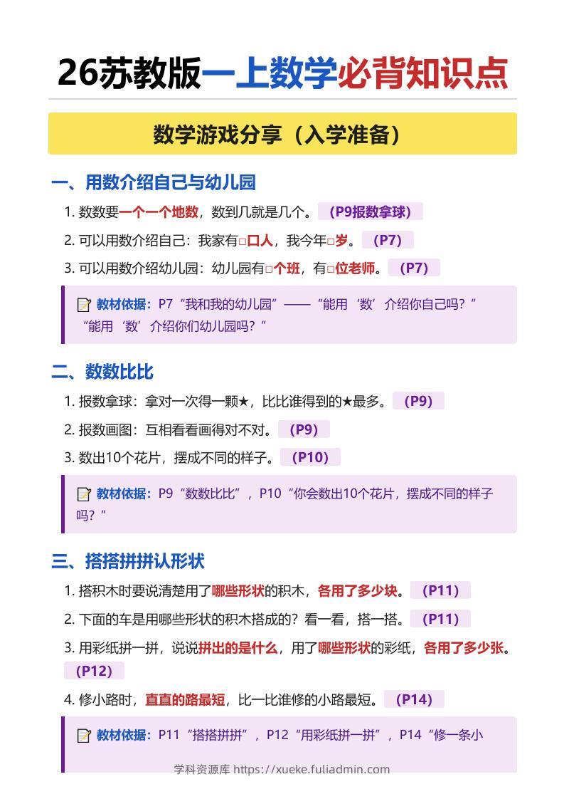 26苏教版一上数学必背知识点（全册）-学科资源库