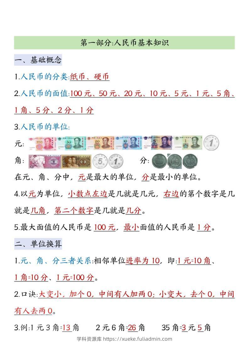 二年级上数学认识人民币知识点汇总-学科资源库